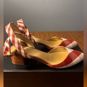 Talbots plaid strap heels, red and white, size 6.5